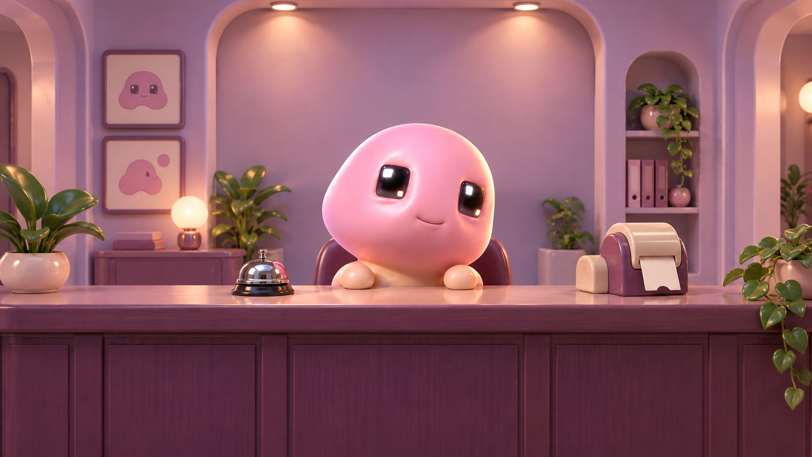 Dicky behind a reception desk in his pink office, with a silver bell and a little ticket machine