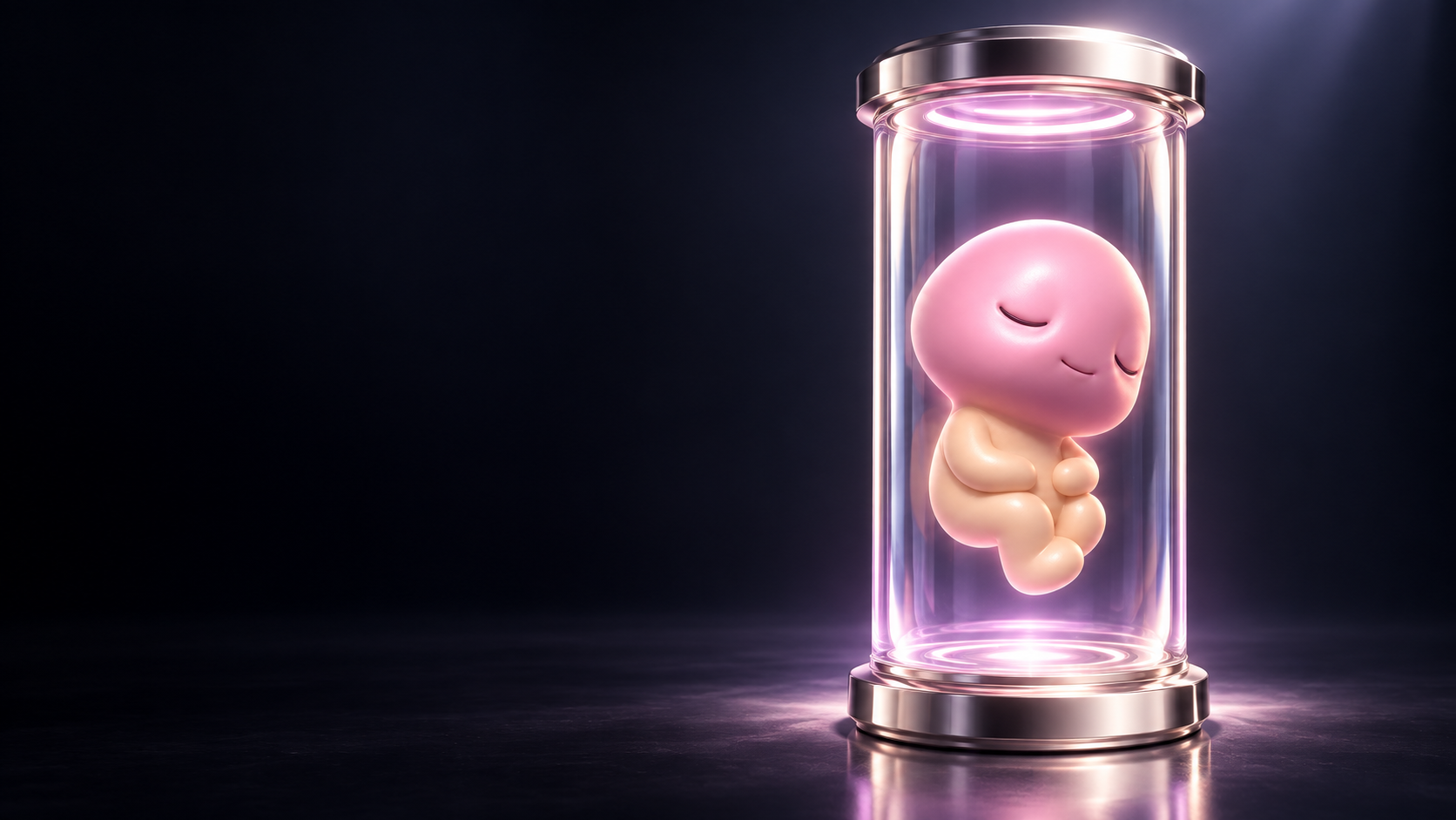 Dicky sleeping inside a crystal glass capsule with polished platinum rings and a soft pink glow