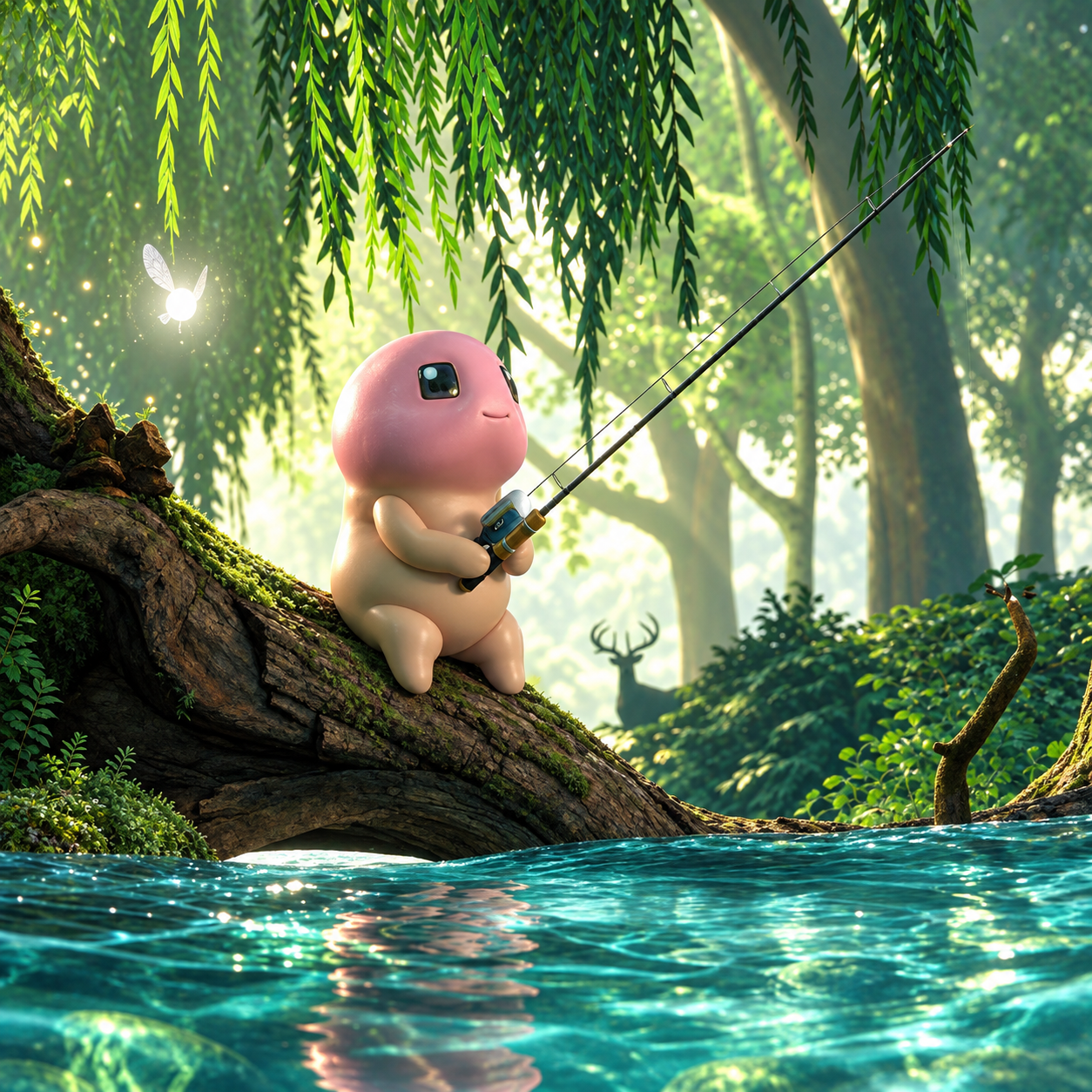 Dicky quietly fishing in a sunlit green forest