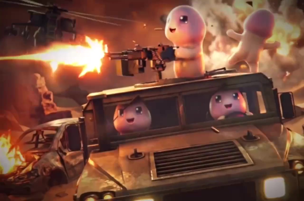 Dickys in a jeep in a chaotic cartoon action scene