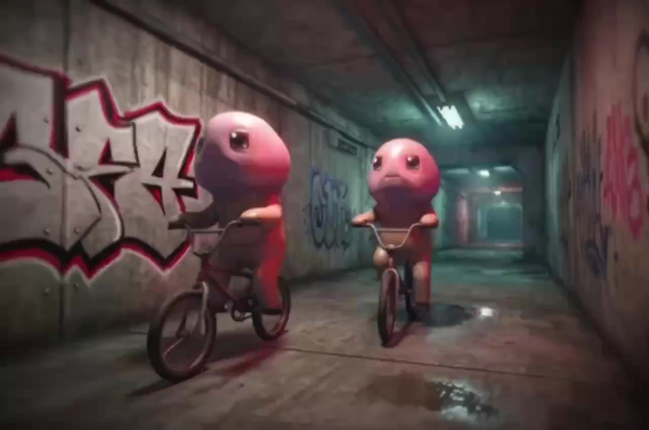 Two Dickys riding bicycles through a graffiti-covered tunnel