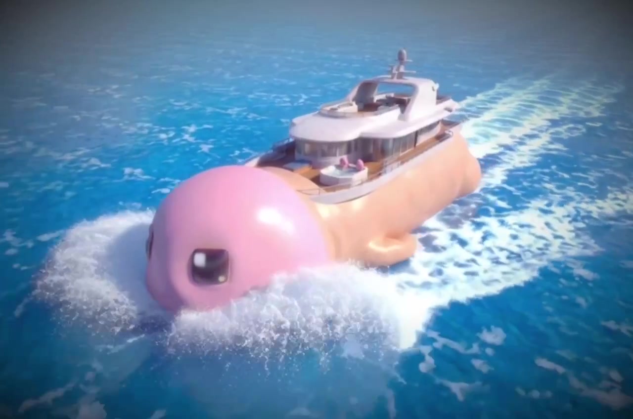 A giant yacht shaped like Dicky sailing across turquoise water